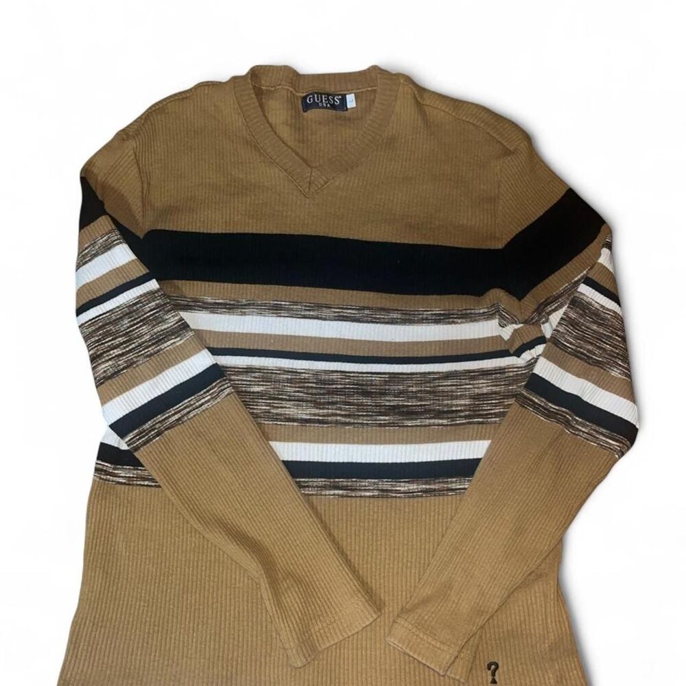 Vintage 1990s Guess Men's Brown Striped V neck Casual Sweater SZ L